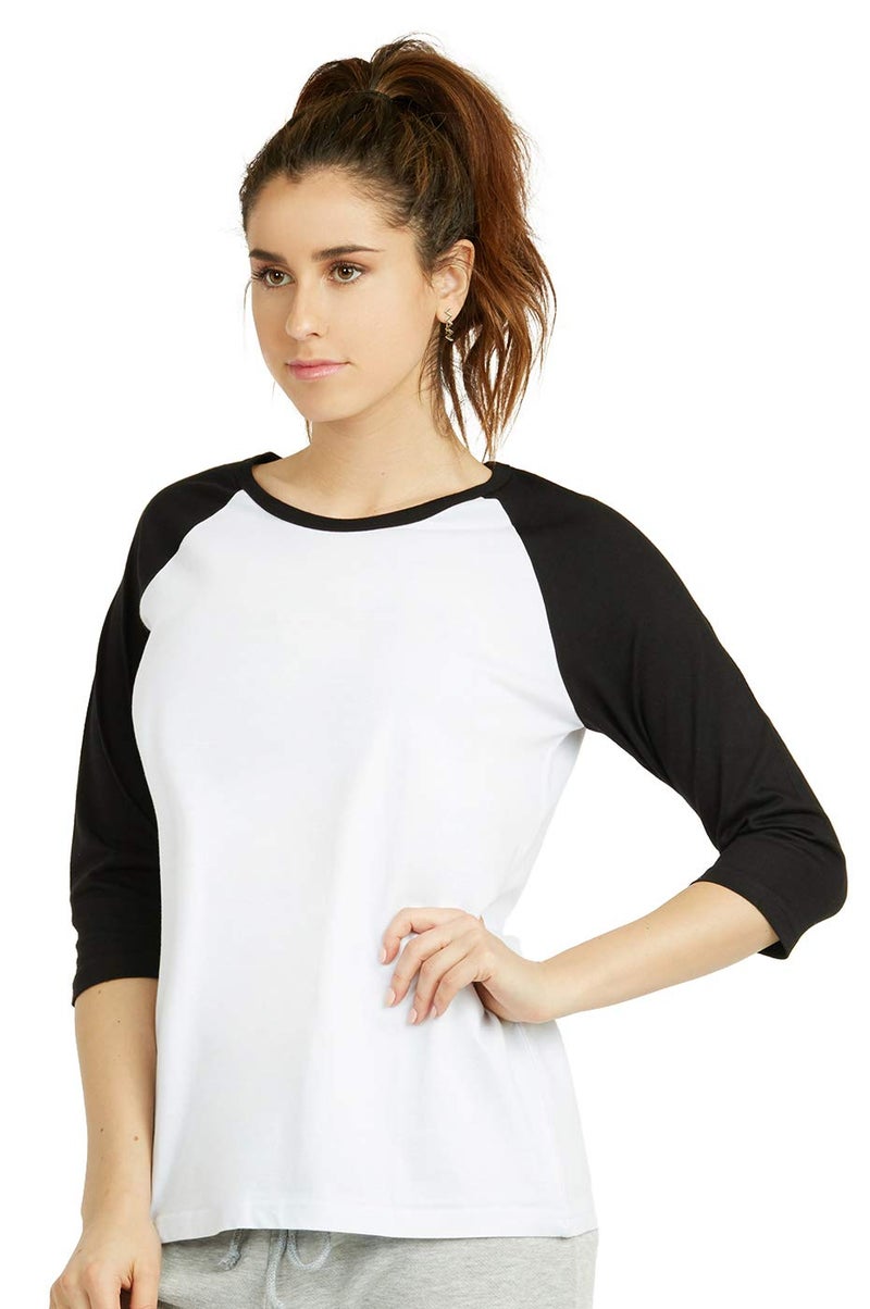 Cottonbell Women's Baseball Quarter Sleeve Tee Shirt (S, White/Black) - Image 2